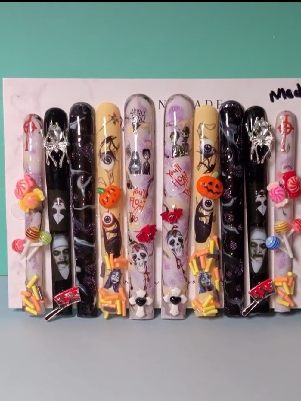 Hand Crafted Halloween 6XL Press-On Nails - Black, White, Yellow, Purple, Orange
